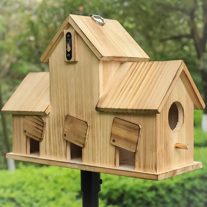 STARSWR Bird Houses for Outside,Outdoor 3 Hole Bird House Room for 3 Bird Families Bluebird Finch Cardinals Wooden Hanging Birdhouse for Garden