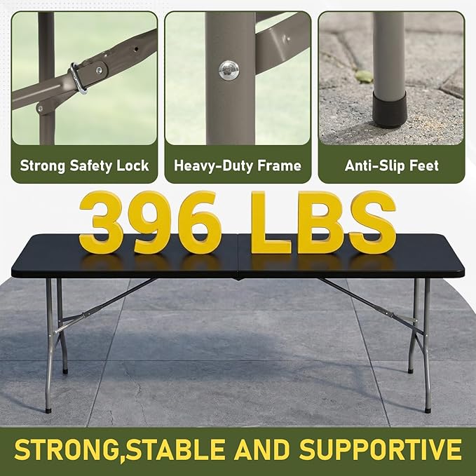 BestOffice 8 FT Picnic Table Plastic Camping Table Portable Square Height Folding Table Perfect for Picnics, Parties, Party and Camping, Black