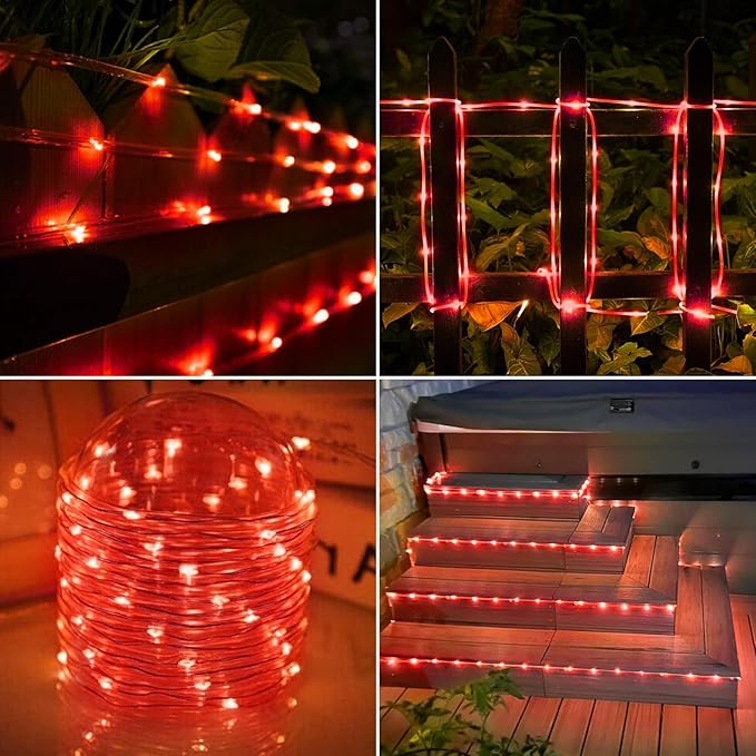 Solar Rope Lights, 2 Packs Total 66ft 200LED Solar String Lights, 8 Modes Waterproof Solar Powered Outdoor Light, Flexible Clear Tube Light for Garden Backyard Patio Deck Porch Tree Xmas Decor - Red