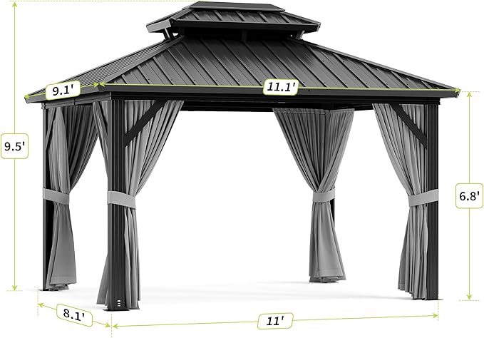 10' x 12' Hardtop Gazebo, All Weather Heavy Duty Aluminum Frame Double Metal Roof Outdoor Gazebo, Gray Patio Pavilion with Mesh Netting & Privacy Curtains, Perfect for Backyard, Garden, Porch & Poolsi