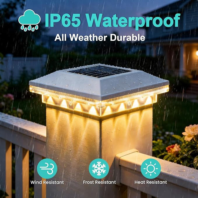 Brightever Solar Post Cap Lights Outdoor 12-Pack, Waterproof Solar Fence Post Lights for 4x4 Wood/Vinyl Posts, Solar Powered Deck Post Lights with 3 Lighting Modes, Decorate Garden Patio Porch, White