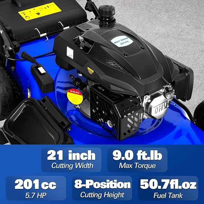 BILT HARD 21" Self Propelled Gas Lawn Mower – Powered by a 201cc 4-Cycle OHV Engine, 3-in-1 Functions (Bagging, Mulching & Side Discharge), 8-Position Cutting Height Adjustment, and Easy Start.