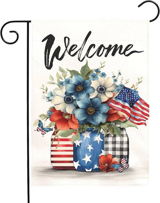 Patriotic Fourth of July Garden Flag Welcome Red White and Blue Mason Jar Flowers Yard Flags American Flag Floral Farmhouse Outdoor for Independence Day Memorial Day Veterans Day 12x18 Inch