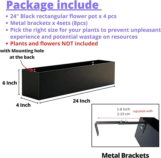 LaLaGreen Railing Planter Box (24 Inch, 4 Pack) Black Metal Rectangular Hanging Flower Boxes with Brackets, Deck Railings Planters for Outdoor Plants Fence Over Rail Balcony Patio Porch Stylish Garden