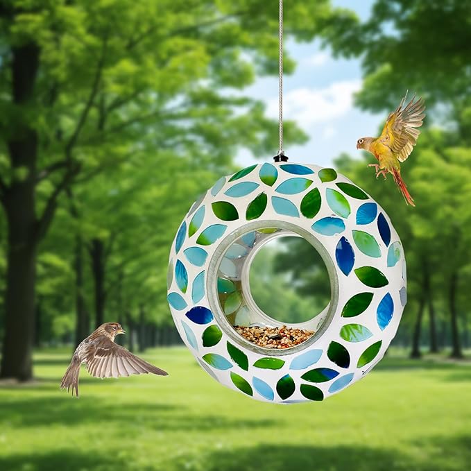 Hanging Bird Feeders for Outdoor Glass Mosaic Fly Through Wild Bird Feeder Round Shape Birdfeeder for Outside Garden Yard Patio Decoration Green