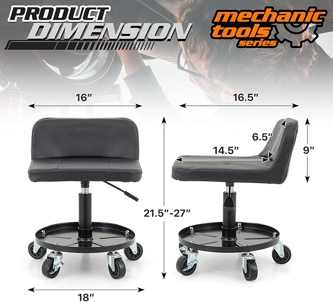 M-AUTO Padded Seat Mechanic Stool with Wheels, 16”-21” Height Adjustable Swivel Mechanics Seat with Tool Tray Storage for Garage and Garden, 300lbs Capacity