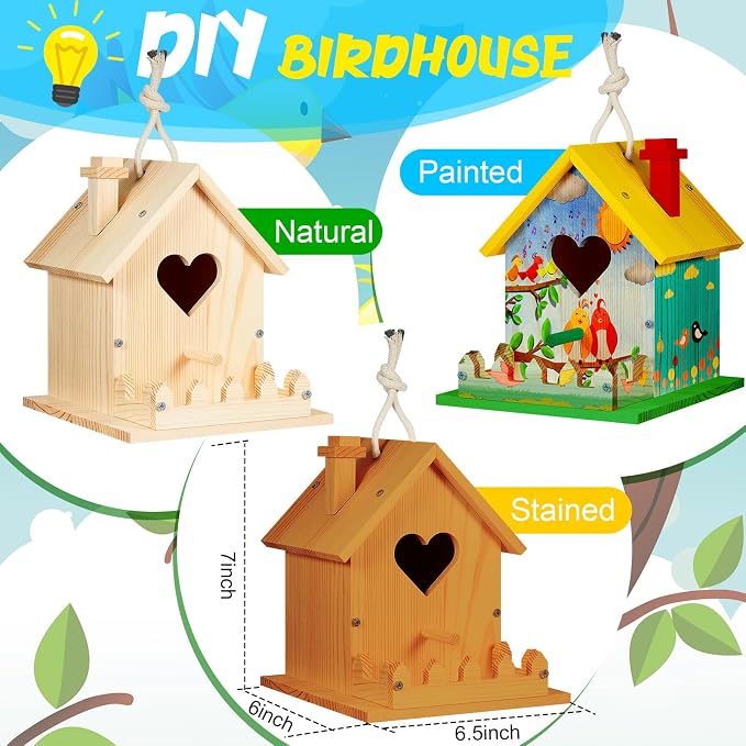 Juexica 2 Pack DIY Birdhouse Kits for Kids Ages 6+ Build and Paint Wooden Bird House Arts and Craft Project with Paint Strips Brushes for Boy Girl Adult Classroom Indoor Outdoor Crafts (Love Shaped)