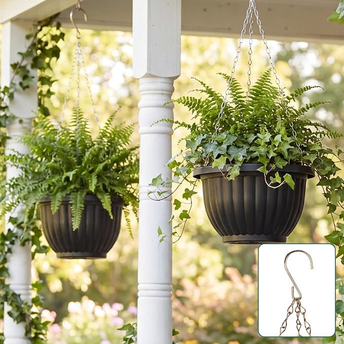 12 Sets Hanging Planters for Indoor and Outdoor Plants Self Watering Hanging Basket Flower Pots Plastic Plant Pots with Drainage Hole and Absorbing Tray(Black,10 Inch)