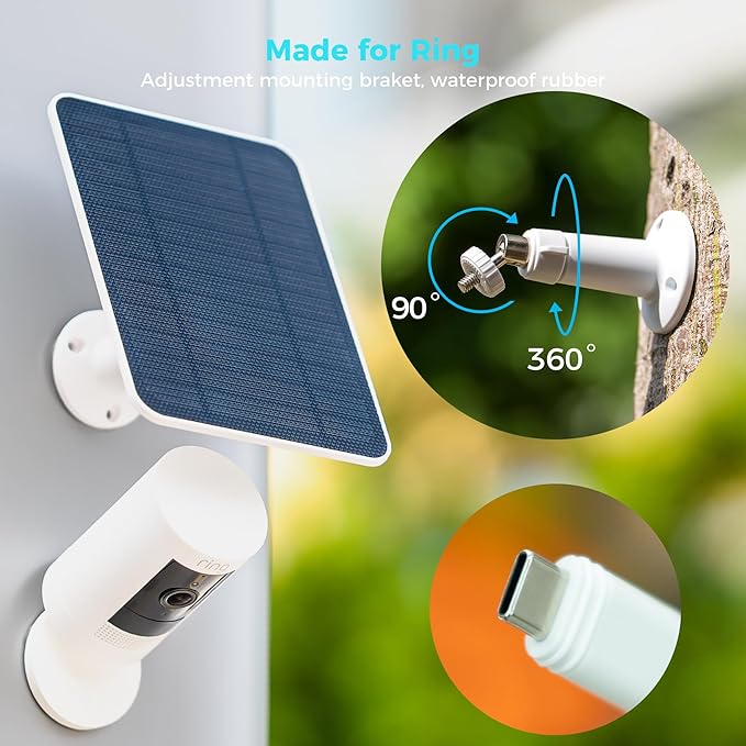 5V Solar Panel for Seucrity Cameres, for Bird Feeder Trail Cam, Ring Tapo Eufy Vicohome Eseecloud, Native USB-C, Micro-USB & DC 3.5mm*1.35mm 9.8 Ft Cable 23% Energy Conversion 180 Days Care Plan