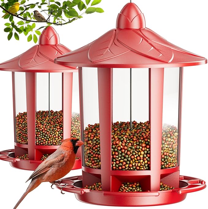 Birdream 2 Pack Bird Feeders for Outdoor Hanging, Assembly Required, 1-Min Easy Setup, Charming Castle Design, Attracting Cardinals Chickadees Goldfinches & Sparrows - Red