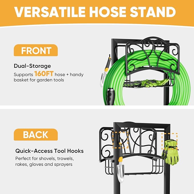 Heavy-Duty Garden Hose Holder with Storage Basket and Tool Hooks, XEAPOMS Stable Hose Hanger Metal Garden Hose Storage Holds 160Ft, Rustproof Freestanding Water Hose Holder for Outside,Yard,Lawn,Farm