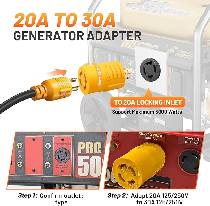MECMO 20Amp to 30Amp Generator Adapter NEMA L14-20P to L14-30R, 4 Prong Locking 20A L14-20 Plug to 30A L14-30 Twist Lock Receptacle for House Transfer Switch, Power Back Up