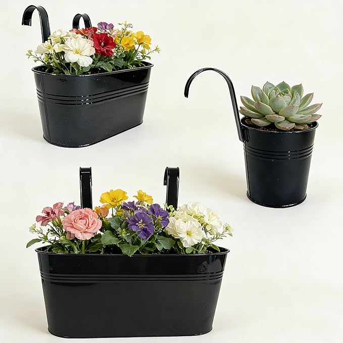 Set of 6 Balcony Hanging Planters, 2 Pcs 17" Metal Railing Flower Pots & 2 Pcs 12" Deck Planter & 2 Pcs 4" Fence Pot for Outdoor Patio Garden Décor, Black