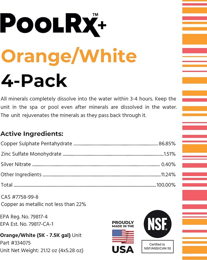 PoolRx+ Mineral Algaecide 4-Unit Pack, up to 6-Month Algae Control, for 5K-7.5K gallons, Orange & White, New Formula with Silver.