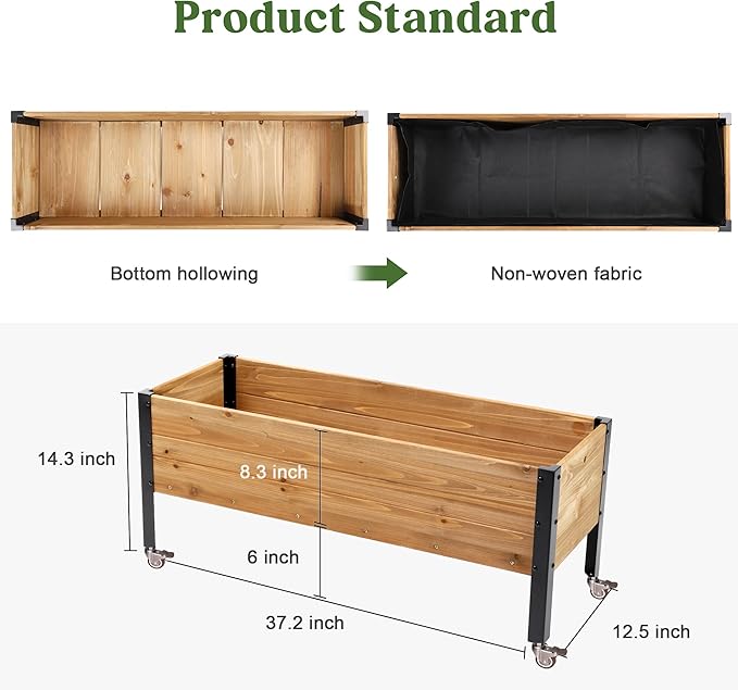 OIPRTGFJ Wood Rectangular Garden Planter Box with Wheel Raised Garden Bed Outdoor,Planters for Outdoor Plants 37 * 13 * 15 Elevated Planter Box for Herbs Vegetables Flowers Outdoor Patio Deck Balcony