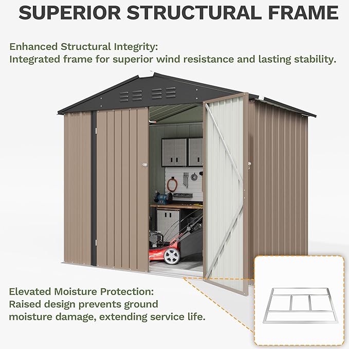Greesum 8x6FT Outdoor Storage Shed with Base, Utility Tool Shed with Sloping Roof, Metal Storaged Garden Shed with Door & Lock for Patio Storage, Brown