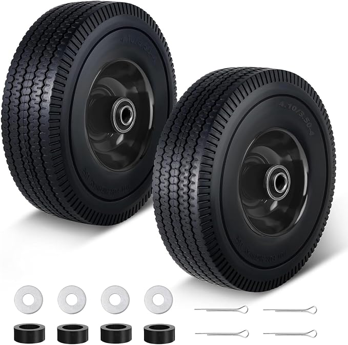 4.10/3.50-4 Flat Free Tire, 10 Inch Solid Tires and Wheels Replacement with 5/8'' Bearings, 2.2" Offset Hub for Hand Truck, Dolly, Wheelbarrow, Includes Adapter Kit (2 PACK)