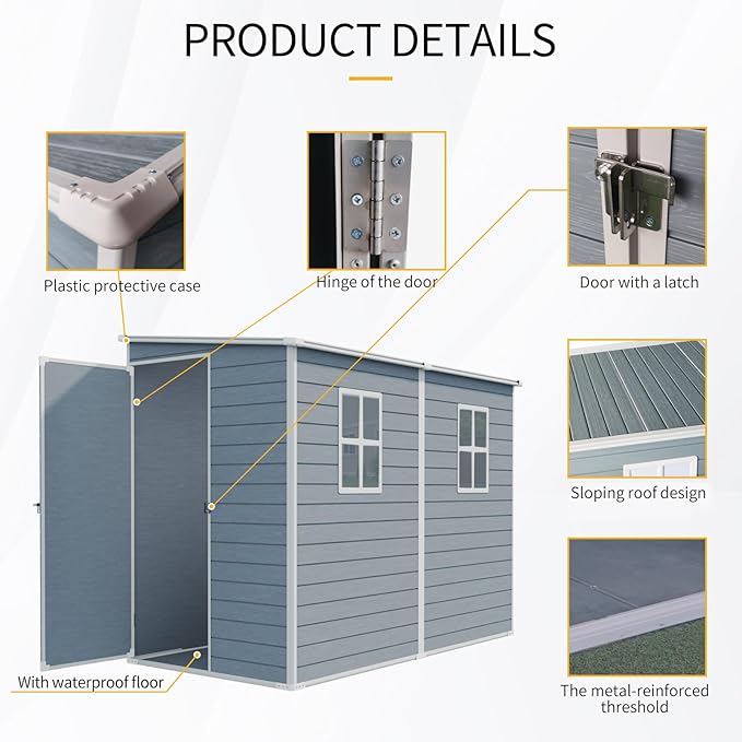 YOPTO 4x8 FT Outdoor Storage Shed Plastic Shed W/Floor,Resin Lean to Shed W/ 2 Windows & Lockable Door,Garden Tool House W/Air Vent & Sloped Roof,All Weather Waterproof for Backyard,Patio,Lawn,Grey