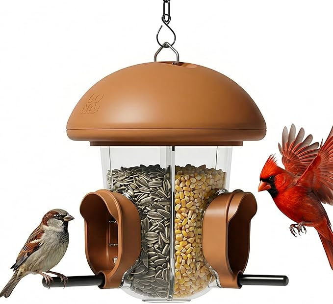 LONA Bird Feeders for Outdoors Hanging – 3 Separate Compartments, 3 Feeding Ports, Weatherproof Dome & 3 Ways to Hang, Large Capacity for Cardinals/Finches (Brown
