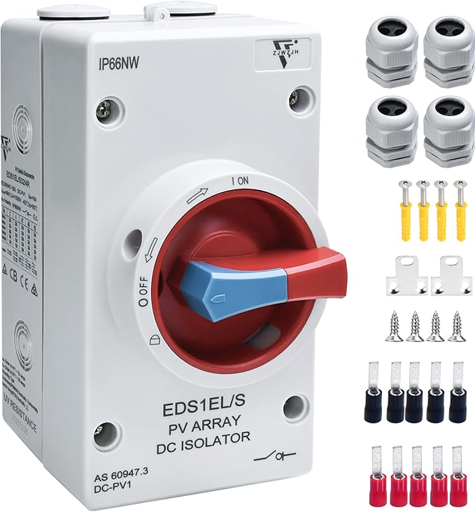 Solar Disconnect Switch 4-Pole DC1500 32A Isolator Solar Switch with Enclosure for Rooftop Solar Systems, RVs and Boat Waterproof IP66 Red