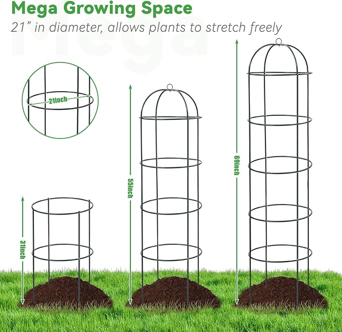 Large Trellis, Garden Obelisk Trellis for Climbing Plants Outdoor, 55" Metal Trellises for Tomato Cucumber Clematis Rose Vine Support, Heavy Duty Round Cage Stand for Grow Bag Raised Bed Yard, 2 Pack