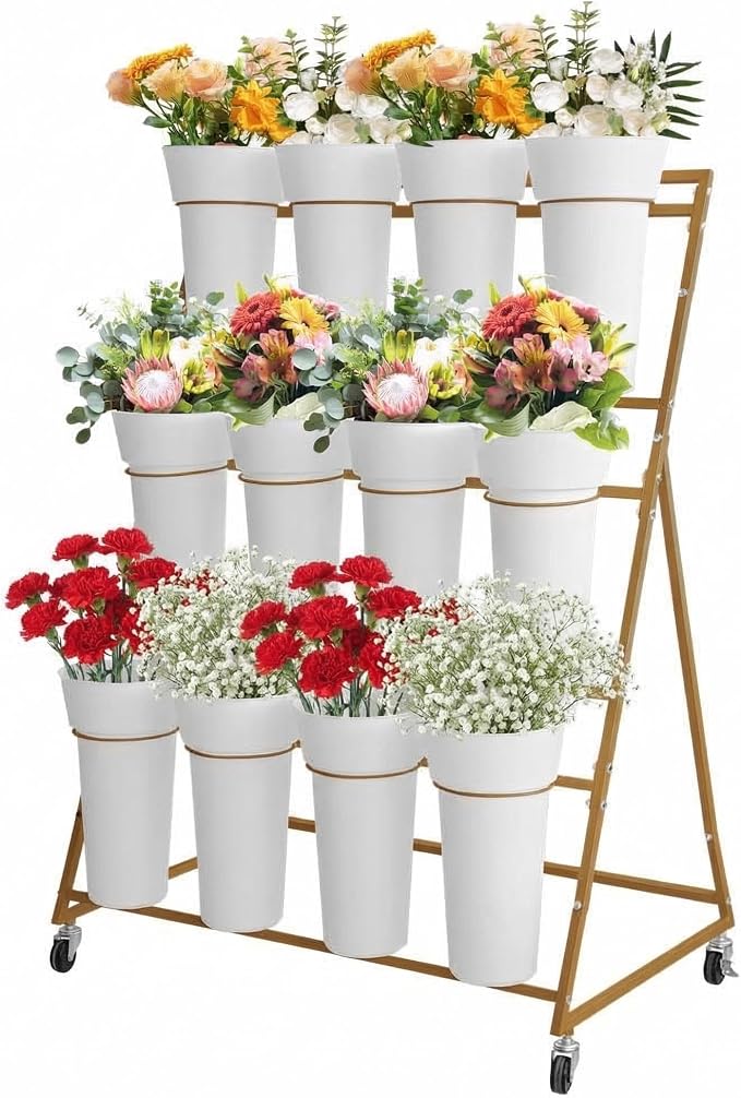 PeakPursuit 3-Tier Metal Flower Display Stand with 12 Plastic Removable Buckets and Wheels,Flower Display Cart for Indoor and Outdoor Use, Gold