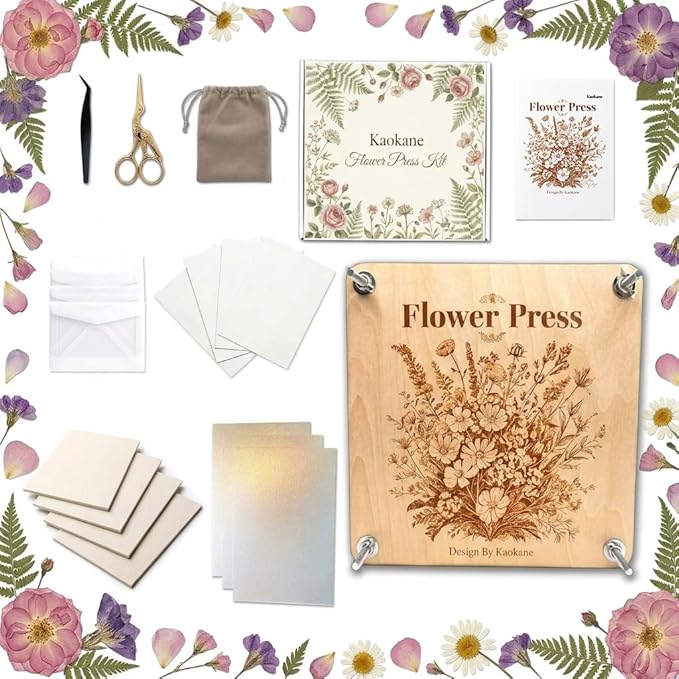 Kaokane Flower Press Kit, 9x9 Large Wooden Flower Presser with 4 Reusable Drying Plates & 4 Blotting Papers, Handcrafted Botanical Pressing Kit for Wedding Flowers, DIY Art Crafts Mothers Day Gifts