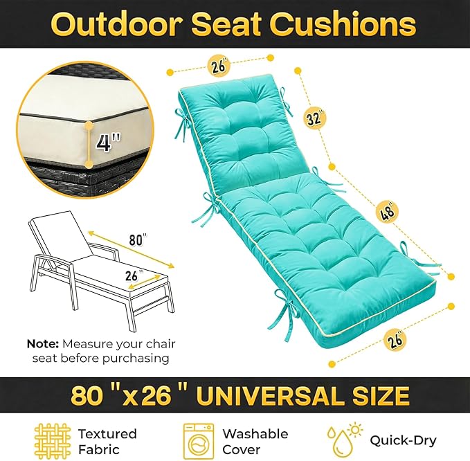 80x26 Inch Folding Chaise Lounge Cushion Quick Dry - Outdoor Sun Lounger Seat Pad with Shredded Foam for Patio Furniture, Deck Chairs, Poolside (Aqua Blue, 80 INCH × 26 INCH)