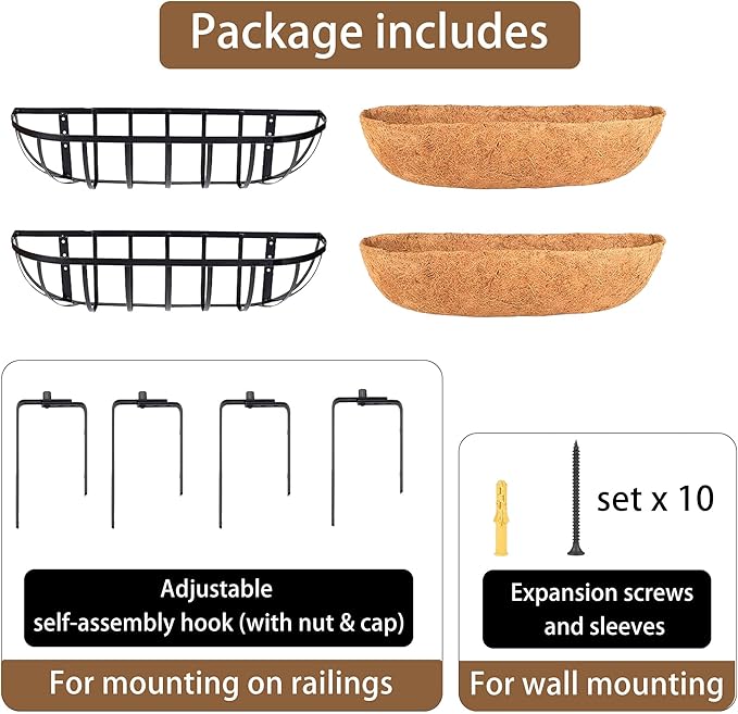 24 Inch Window Baskets with Coconut Liner Outdoor Wall Planter for Plants Long Window Flower Box for Porch Fence Patio Outdoor（2 Pack）