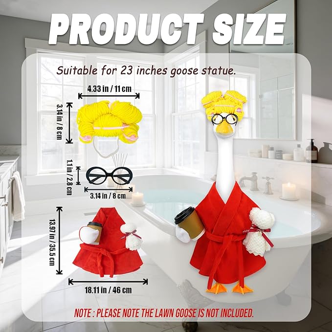 Lady Porch Goose Outfits,Bathrobe Porch Goose Statue Costume with Curlers Reading Glasses Coffee Cup Towel,Cute Goose Clothes for 23-Inch Cement Statue,Lawn Yard Garden Patio Decor（Red）