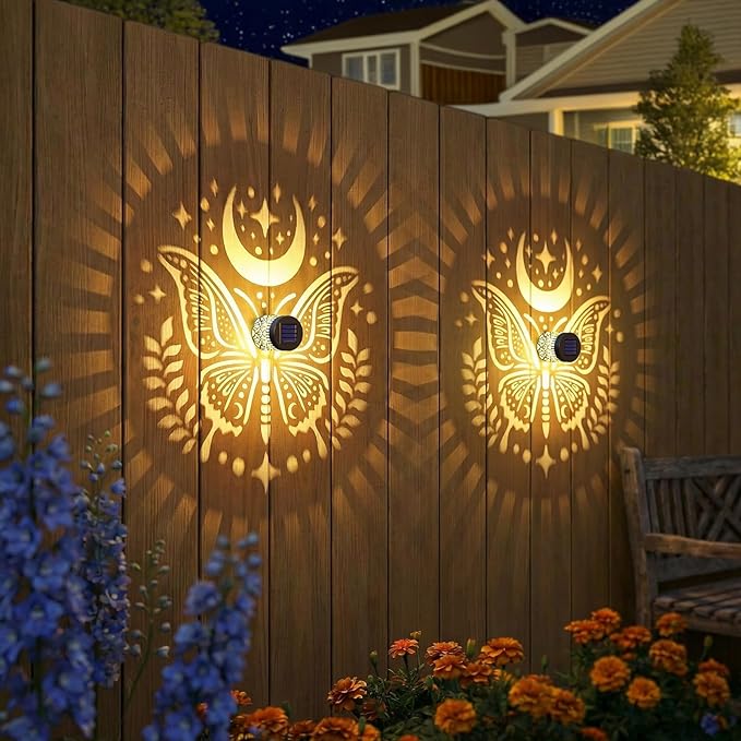 Gardsee Solar Fence Lights Outdoor 2 Pack Deck Step Wall Lights Butterfly Metal Waterproof LED Warm Yellow Light for Garden Post Patio Backyard Yard Decor (Black 1)