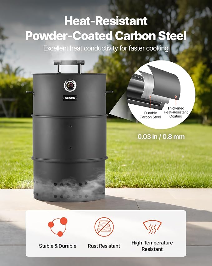 VEVOR Charcoal Smoker Grill, 18.5" Barrel Charcoal BBQ Smoker, Coated Steel Outdoor Barbecue Grill with 2 Grilling Grates, 1 Hanging Rod, 6 Hooks & Thermometer, Ideal for Party Backyard Patio Cooking