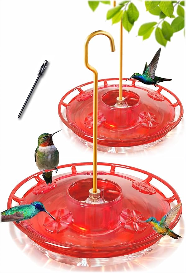 eWonLife Clear Ruby Hummingbird Feeders for Outdoors, 2 Pack 16OZ Leak Proof Saucer Humming Bird Feeder with Integrated Ant Moat, Bee Proof 5 Feeding Ports, Brush, Hanging Garden Decor for Mom