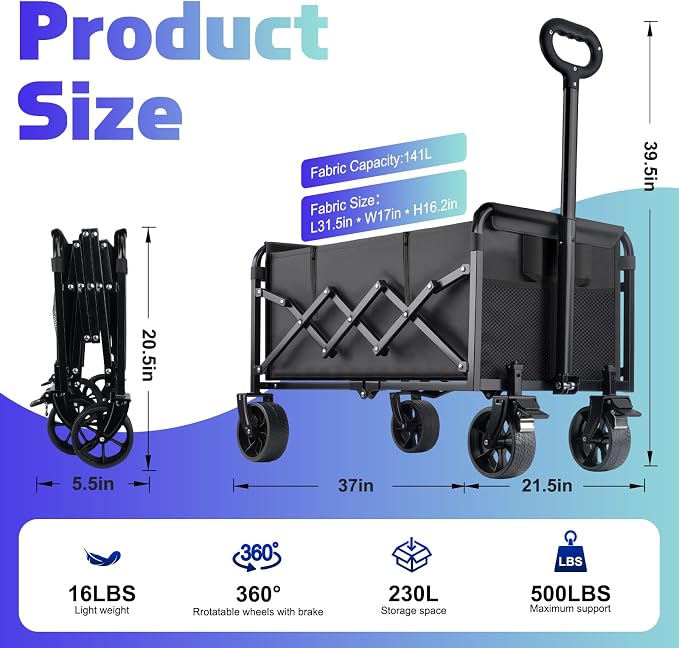 500LBS Collapsible Wagon Cart Foldable - 230L Large Heavy Duty Utility Cart with 360°Swivel Brake Wheels, Lightweight Collapsible Wagon for Groceries Camping & Beach