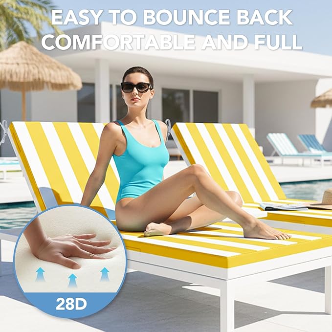 L'AGRATY Outdoor Lounge Chaise Cushion: 72x21x3 Inch Waterproof Lounge Chair Cushion for Outdoor Furniture with Fade Resistant Removable Cover - Patio Cushions for Pool Lawn Deck(Yellow White 1Pack)