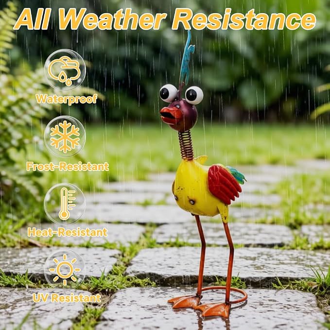 Metal Wacky Rooster Garden Statue for Patio, Backyard, Lawn | 20'' Rooster Decor, Waterproof Yard Statue Decorations Outdoor, Chicken Yard Art, Gold