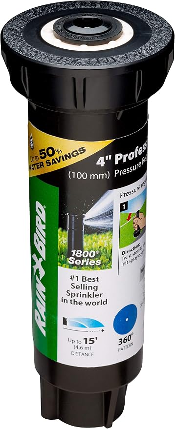 Rain Bird 1804FDSP25 Pressure Regulating (PRS) Professional Dual Spray Pop-Up Sprinkler, 360° Full Circle Pattern, 8' - 15' Spray Distance, 4" Pop-up Height (Pack of 2)
