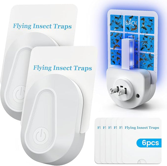 Indoor Fly Trap Fruit Fly and Gnat Trap with 2 Traps and 6 Sticky Refills Plug-in Device Flying Insect Catcher for Mosquitoes, Moths, and Household Flying Bugs (2, White)