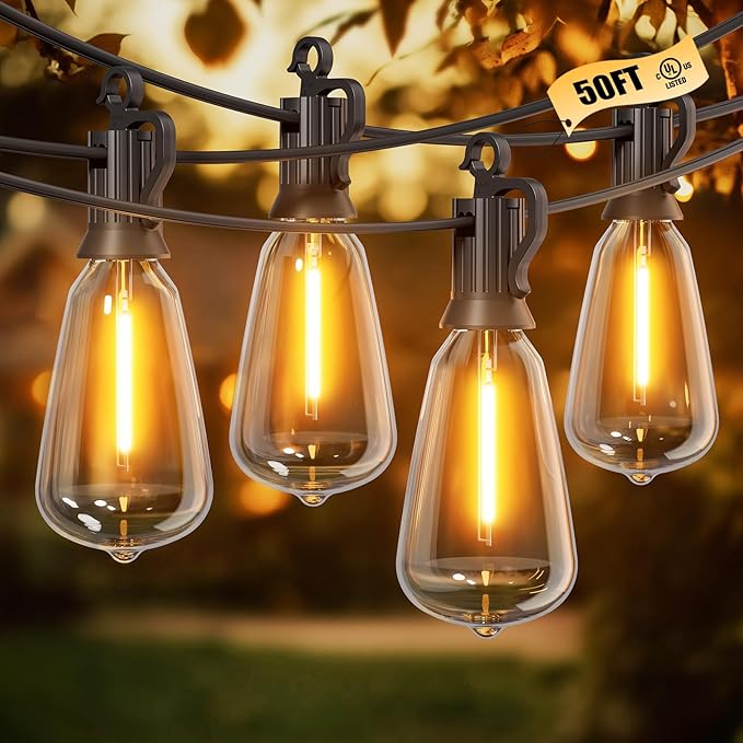 Brightown Outdoor String Lights, 50FT 18+1 LED ST38 LED Patio Lights Shatterproof, Dimmable IP65 Waterproof Connectable Hanging Outdoor Light for Backyard, Porch, Deck, Balcony