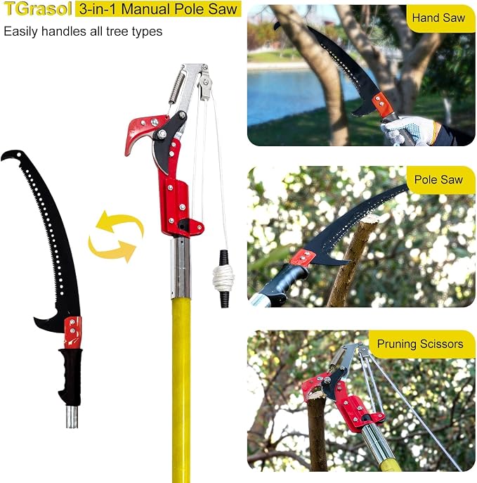 Pole Saws for Tree Trimming, 7.3-30FT Tree Saw with Adjustable Length, Tree Trimmers Long Handle Pruner for Pruning Palms and Branches, Manual Pole Saw with Sharp Steel Blade and Scissors