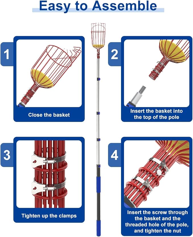 26FT Reach Fruit Picker, 5-20 Foot Sturdy Aluminum Telescoping Fruit Picker Extension Pole with Metal Twist-on Basket, Suit for Apple Pear Lemon Mango Guava Orange Avocados Tree Fruit Picking