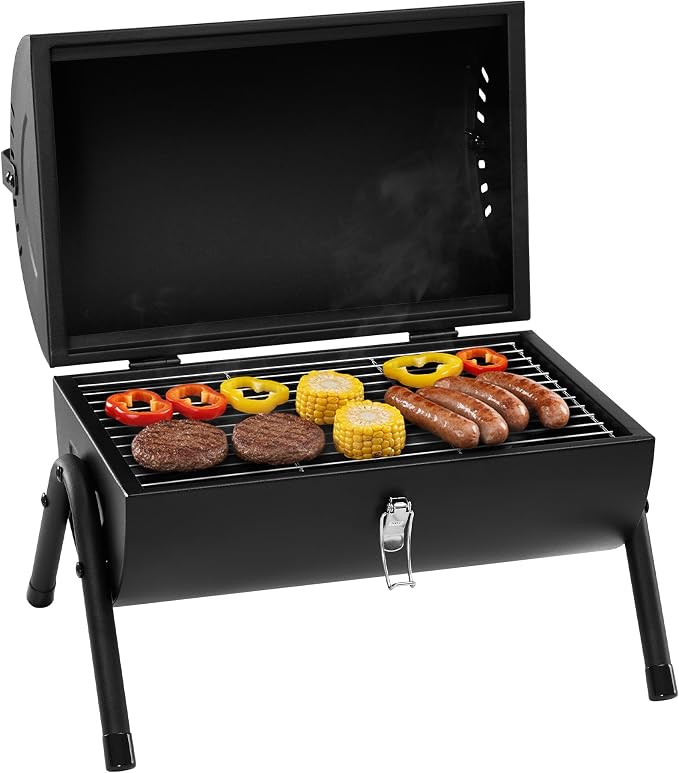 Royal Gourmet CC1015W Portable Charcoal Grill, 147 sq. in. Cooking Grid, Wooden Handle, Tabletop BBQ Grill for Outdoor Barbecue, Camping, Picnic, Backyard, Patio, Black