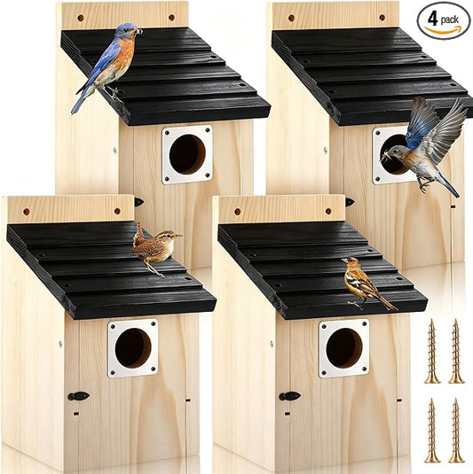 Dreyoo 4 Pack Bluebird Houses for Outside with Metal Predator Guard, 1-1/2" Entrance Hole Wooden Blue Bird Houses for Outdoors, Bluebird Nesting Box(Black Roof, Wood Body)