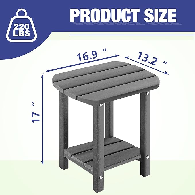 LZRS 2-Tier Patio Side Table, Heavy Duty HDPE Outdoor End Table with Wood Texture, Weatherproof Composite Table for Adirondack Chairs, Deck, Pool, Indoor/Outdoor, No Peeling Cracking(Grey)