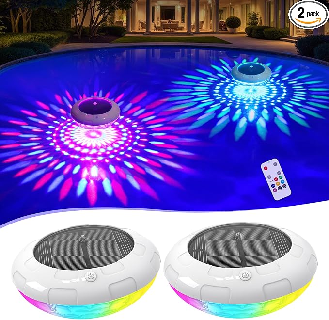 Floating Pool Lights with Remote, 6.5 Inch RGB Solar Pool Lights with 9 Dynamic Lighting, IP68 Waterproof, Hangable Solar Floating Light for Pools Party Garden (2 Pack)
