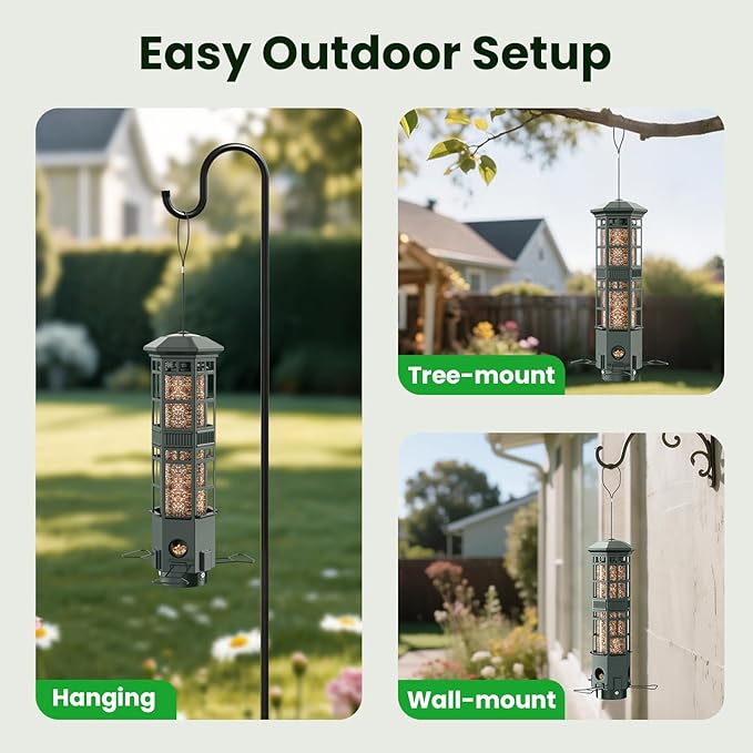 Squirrel Proof Bird Feeder for Outdoors, Chew-Proof & Weather Resistant, 3 Port, Gravity Spring Hanging Metal Bird Feeder, 3LB Large Capacity, Attract Wild Birds