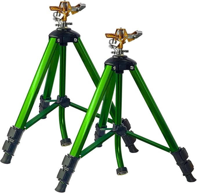 LIULO TOOL Impact Sprinkler on Tripod Base, 2 Pack Tripod Sprinklers with Head, 360 Degree Large Area Irrigation with Extension Legs Flip Locks, Heavy Duty 3/4" Connector for Lawn Yard Garden