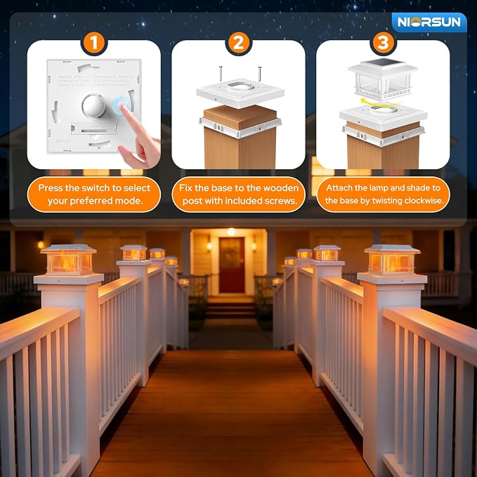NIORSUN Solar Post Lights Outdoor, Fence Post Solar Lights with Flickering Flame Light & 3 Color Temps, Waterproof, Garden Patio Fence Deck Decor, 4x4 Posts Caps, 4x4, 5x5 Wooden &Vinyl (12Pack,White)
