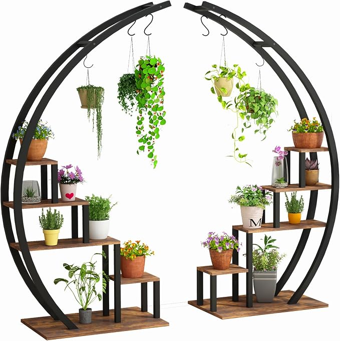 Plant Stand Indoor, 2 Pack Half Moon Plant Shelf Tall, Metal Hanging Plant Rack for Multiple Display for Home Patio Lawn Garden Balcony