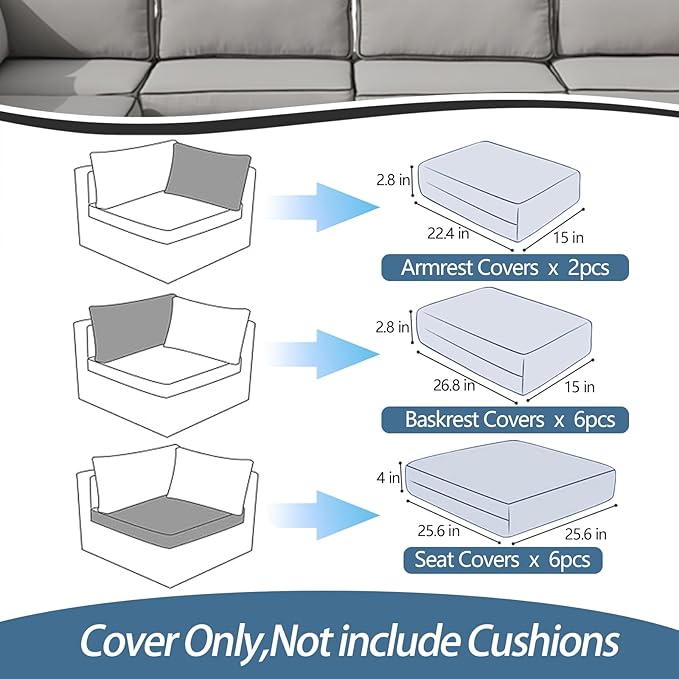 14Pcs Patio Cushion Covers Replacement Splashproof UV-Resistant Inelastic Covers with Zippers, Max Compatible 25.6x25.6x4inch Patio Cushion, for 7 Pcs Outdoor Patio Furniture Sets